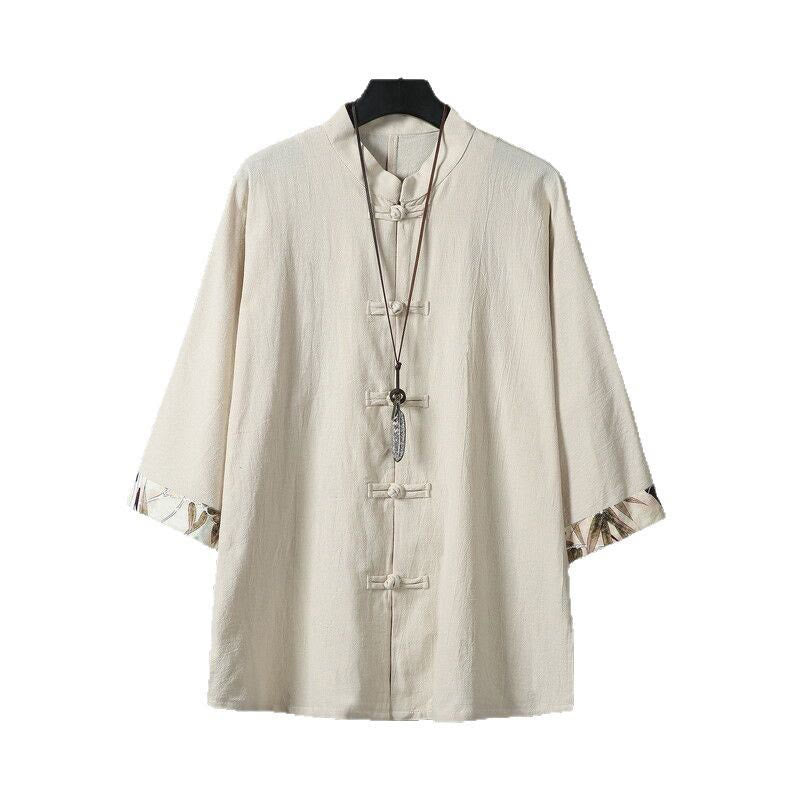 Veste chemise homme en coton et lin à motif patchwork de boutons de grenouille chinois et de Buddha Stones