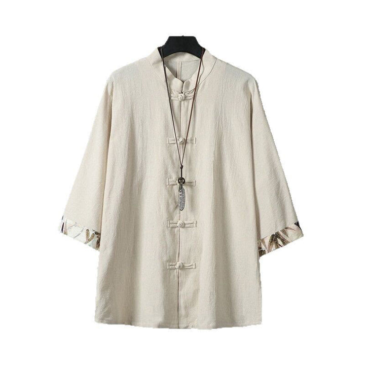 Veste chemise homme en coton et lin à motif patchwork de boutons de grenouille chinois et de Buddha Stones