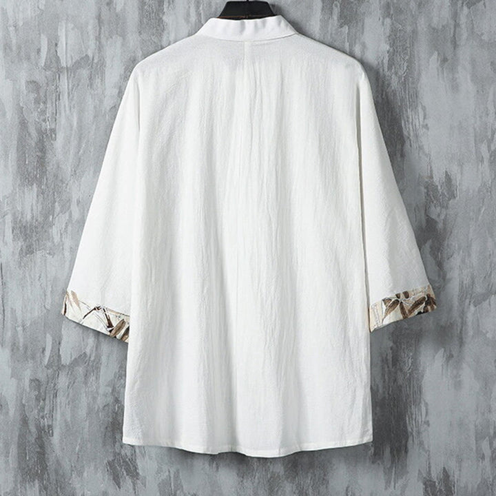 Veste chemise homme en coton et lin à motif patchwork de boutons de grenouille chinois et de Buddha Stones