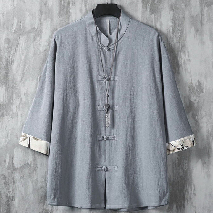 Veste chemise homme en coton et lin à motif patchwork de boutons de grenouille chinois et de Buddha Stones