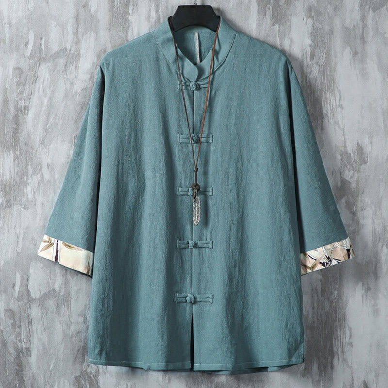 Veste chemise homme en coton et lin à motif patchwork de boutons de grenouille chinois et de Buddha Stones