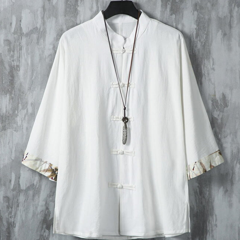 Veste chemise homme en coton et lin à motif patchwork de boutons de grenouille chinois et de Buddha Stones