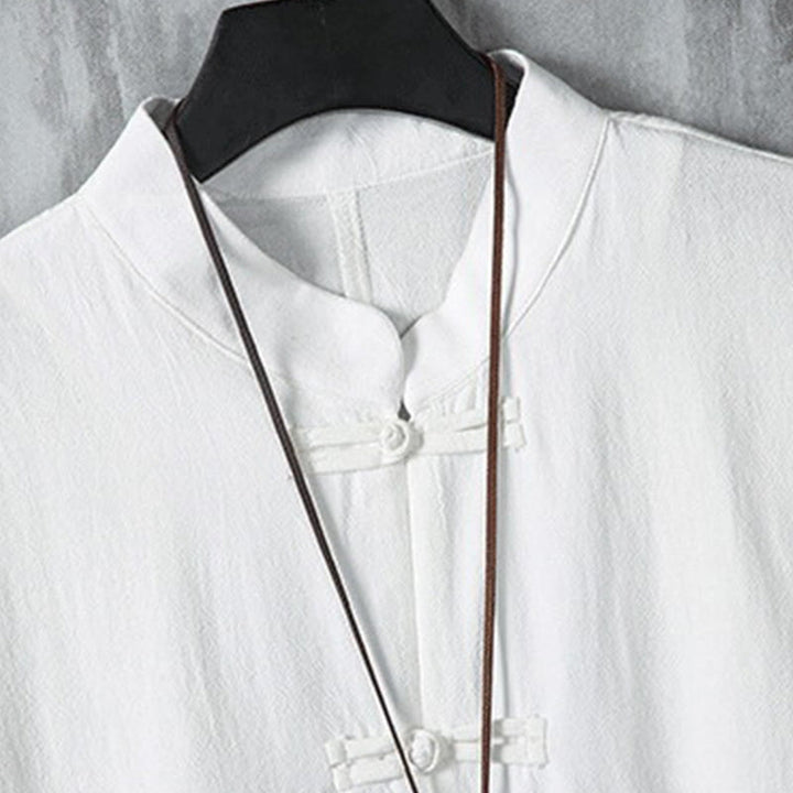 Veste chemise homme en coton et lin à motif patchwork de boutons de grenouille chinois et de Buddha Stones