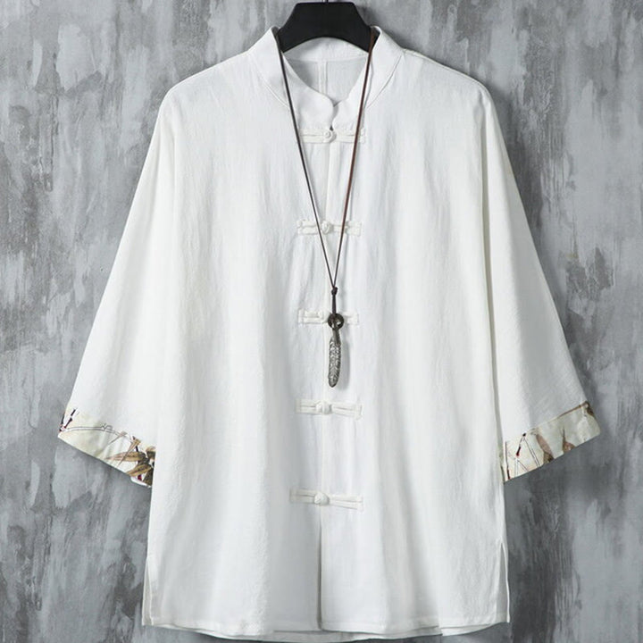 Chemise d'été en coton et lin pour homme, motif patchwork à boutons Buddha Stones , manches mi-longues - Blanc - US/UK/AU46，EU56 (5XL) - image 2