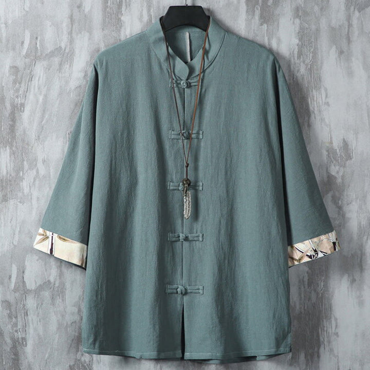 Veste chemise homme en coton et lin à motif patchwork de boutons de grenouille chinois et de Buddha Stones