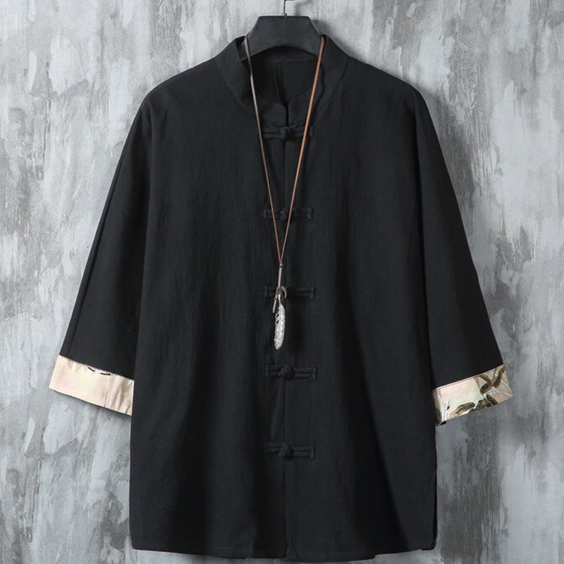 Veste chemise homme en coton et lin à motif patchwork de boutons de grenouille chinois et de Buddha Stones