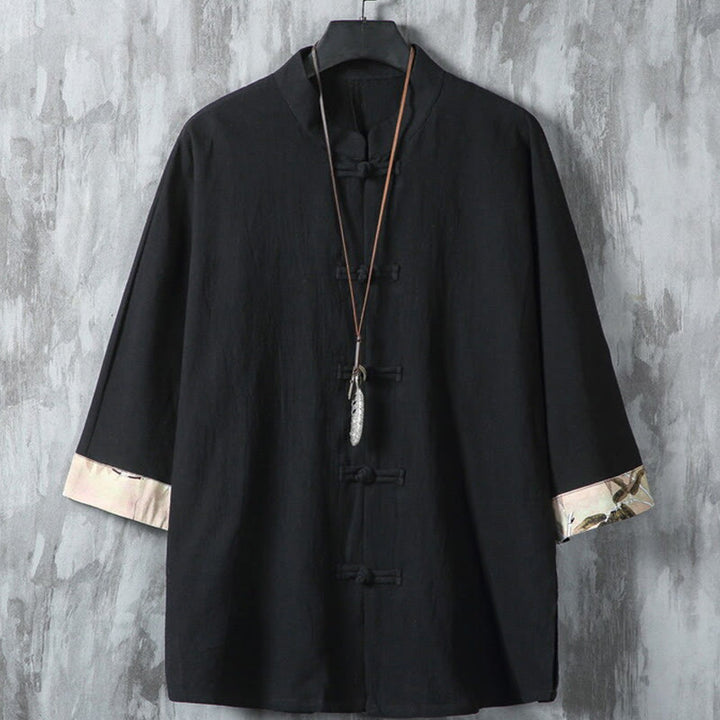 Veste chemise homme en coton et lin à motif patchwork de boutons de grenouille chinois et de Buddha Stones