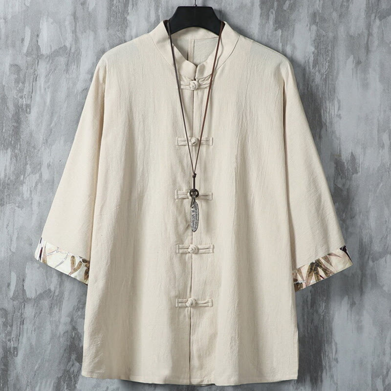 Veste chemise homme en coton et lin à motif patchwork de boutons de grenouille chinois et de Buddha Stones