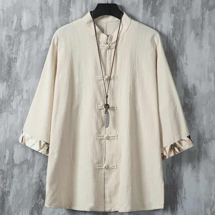 Veste chemise homme en coton et lin à motif patchwork de boutons de grenouille chinois et de Buddha Stones