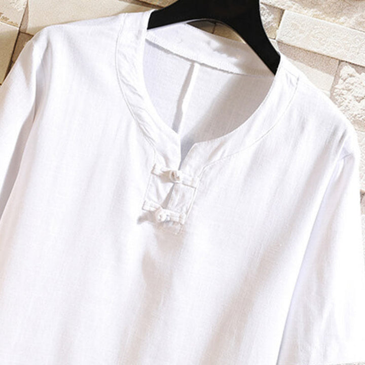 Chemise d'été en coton et lin à manches courtes pour homme, Buddha Stones chinoise, couleur unie, avec boutons - image 9