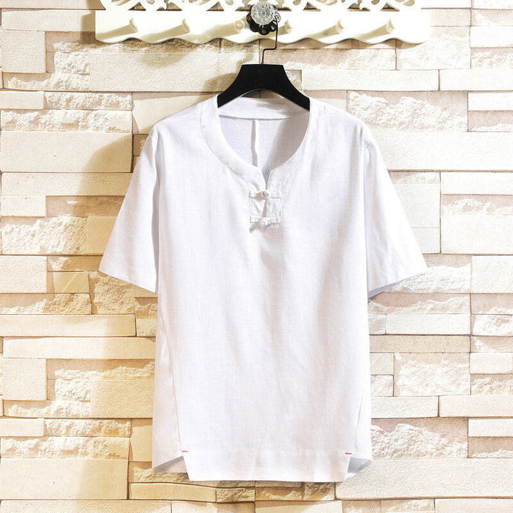 Chemise d'été en coton et lin à manches courtes pour homme, Buddha Stones chinoise, couleur unie, avec boutons - Blanc - US/UK/AU46，EU56 (5XL) - image 8