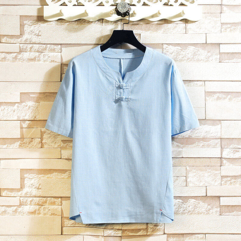 Chemise d'été en coton et lin à manches courtes pour homme, Buddha Stones chinoise, couleur unie, avec boutons - Bleu ciel clair - US/UK/AU46，EU56 (5XL) - image 0