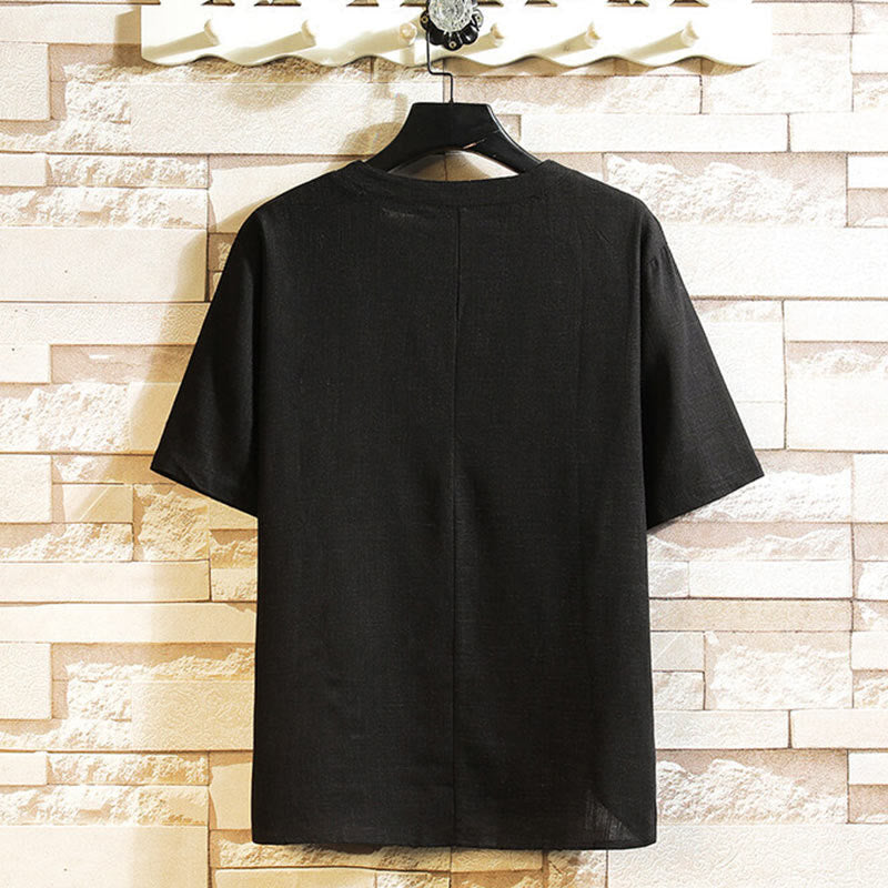 Chemise d'été en coton et lin à manches courtes pour homme, Buddha Stones chinoise, couleur unie, avec boutons - image 2