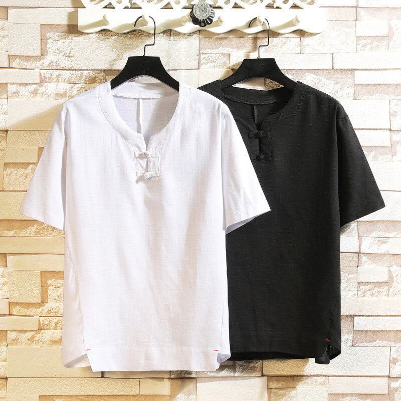 Chemise d'été en coton et lin à manches courtes pour homme, Buddha Stones chinoise, couleur unie, avec boutons - image 12