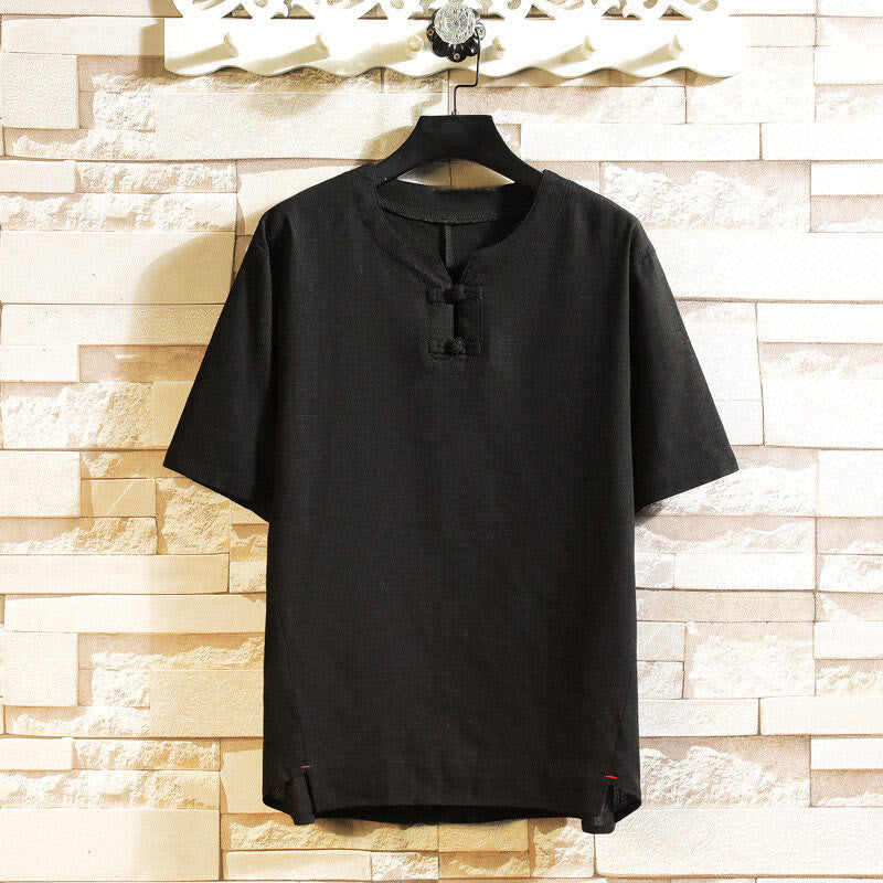 Chemise d'été en coton et lin à manches courtes pour homme, Buddha Stones chinoise, couleur unie, avec boutons - Noir - US/UK/AU46，EU56 (5XL) - image 1