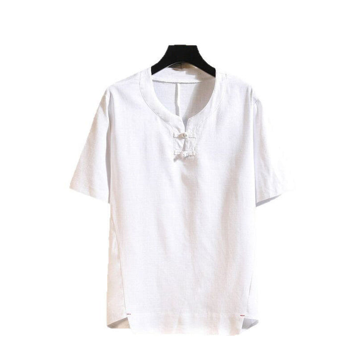 Chemise d'été en coton et lin à manches courtes pour homme, Buddha Stones chinoise, couleur unie, avec boutons - image 10