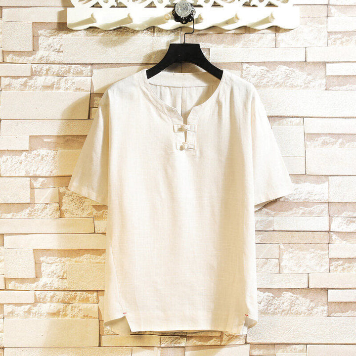 Chemise d'été en coton et lin à manches courtes pour homme, Buddha Stones chinoise, couleur unie, avec boutons - Beige - US/UK/AU46，EU56 (5XL) - image 11