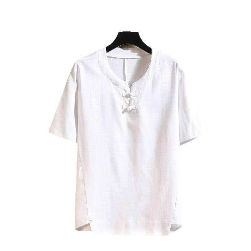 Chemise d'été en coton et lin à manches courtes pour homme, Buddha Stones chinoise, couleur unie, avec boutons - image 10