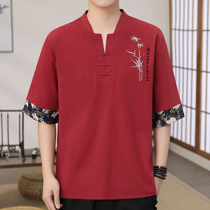 T-shirt homme à manches mi-longues en coton et lin, broderie d'été en bambou et Buddha Stones