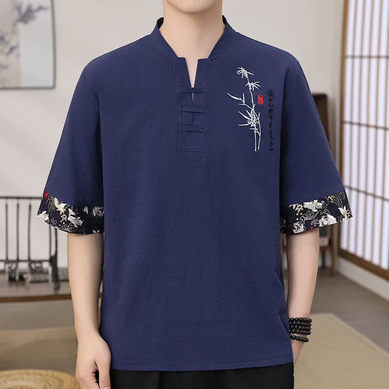 T-shirt homme à manches mi-longues en coton et lin, broderie d'été en bambou et Buddha Stones