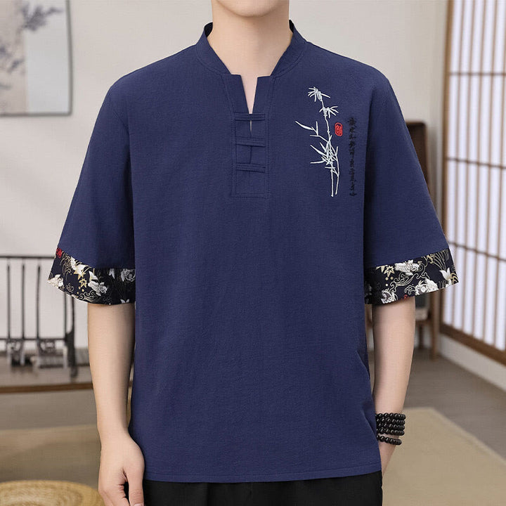 T-shirt homme à manches mi-longues en coton et lin, broderie d'été en bambou et Buddha Stones