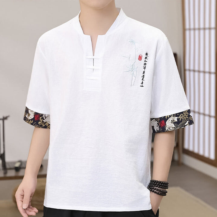 T-shirt homme à manches mi-longues en coton et lin, broderie d'été en bambou et Buddha Stones