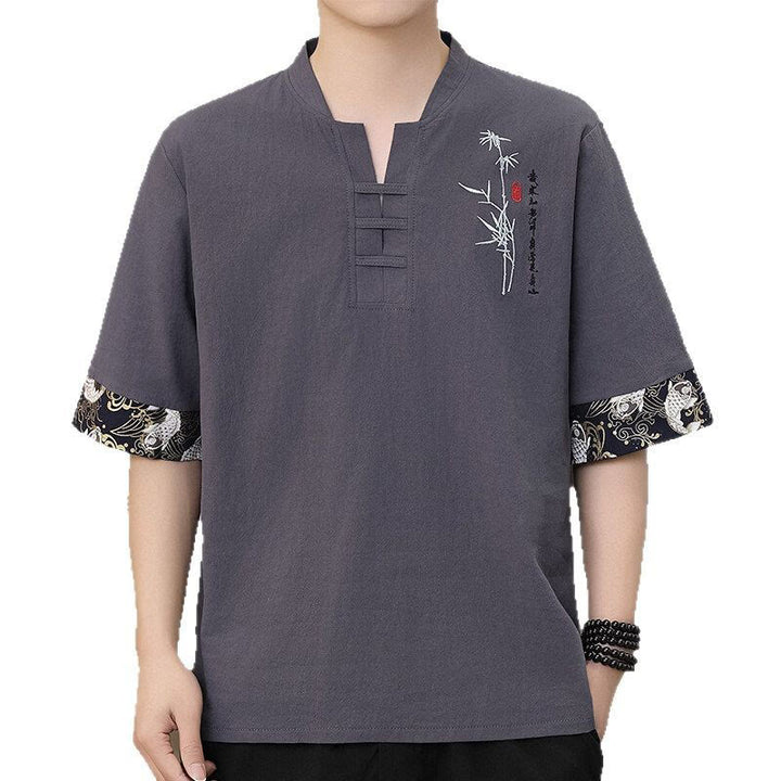 T-shirt homme à manches mi-longues en coton et lin, broderie d'été en bambou et Buddha Stones