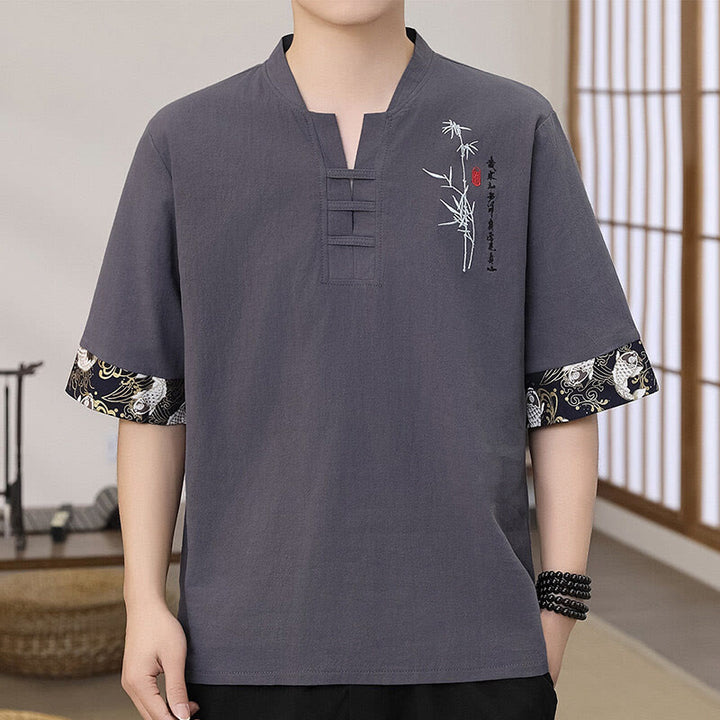 T-shirt homme à manches mi-longues en coton et lin, broderie d'été en bambou et Buddha Stones