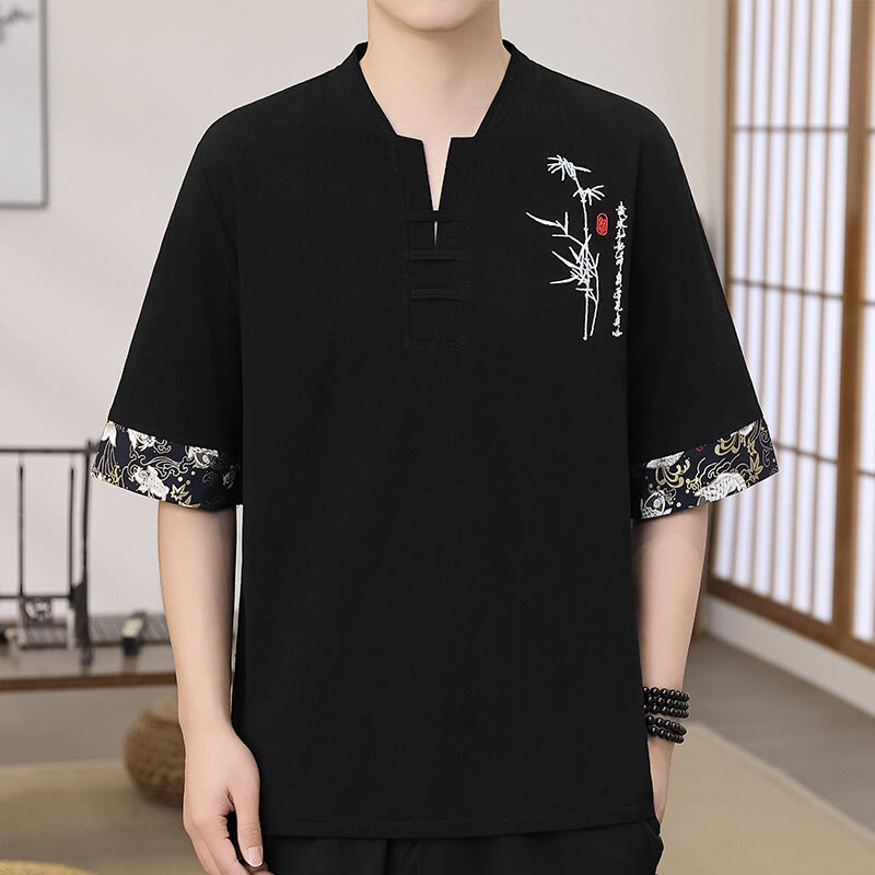 T-shirt homme à manches mi-longues en coton et lin, broderie d'été en bambou et Buddha Stones - Noir - US/UK/AU46，EU56 (5XL) - image 1