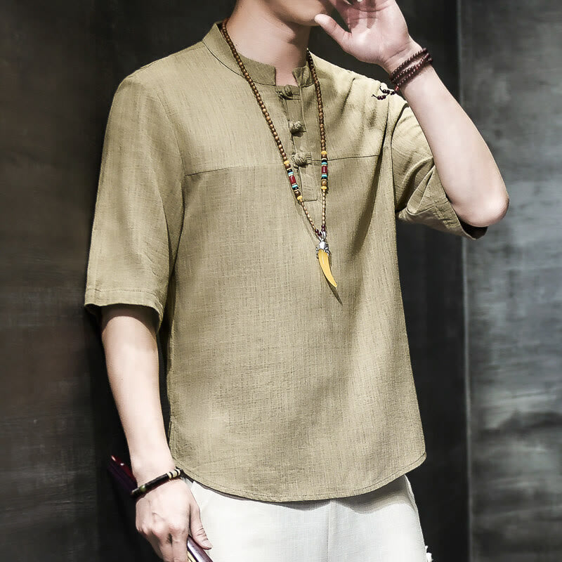 T-shirt décontracté à manches mi-longues en coton et lin pour homme, motif grenouille chinoise, style vintage, motif Buddha Stones