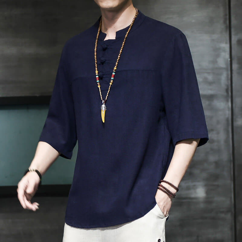 T-shirt décontracté à manches mi-longues en coton et lin pour homme, motif grenouille chinoise, style vintage, motif Buddha Stones - Bleu nuit - US/UK/AU46，EU56 (5XL) - image 19