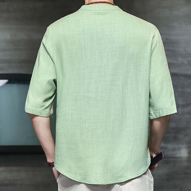 T-shirt décontracté à manches mi-longues en coton et lin pour homme, motif grenouille chinoise, style vintage, motif Buddha Stones
