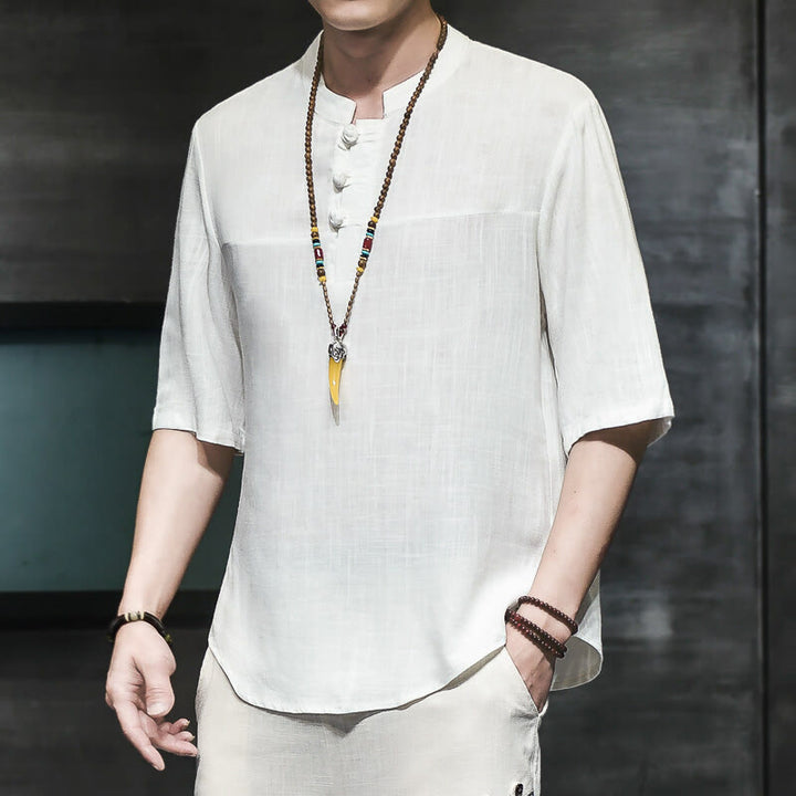 T-shirt décontracté à manches mi-longues en coton et lin pour homme, motif grenouille chinoise, style vintage, motif Buddha Stones - Blanc - US/UK/AU46，EU56 (5XL) - image 7