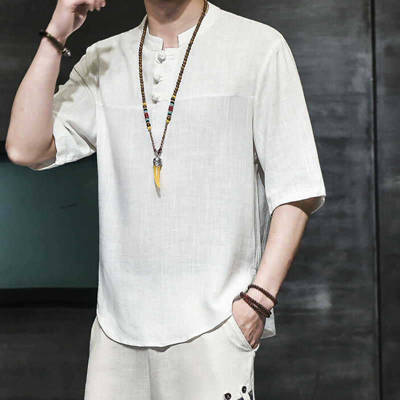 T-shirt décontracté à manches mi-longues en coton et lin pour homme, motif grenouille chinoise, style vintage, motif Buddha Stones