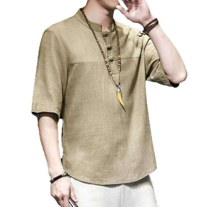 T-shirt décontracté à manches mi-longues en coton et lin pour homme, motif grenouille chinoise, style vintage, motif Buddha Stones