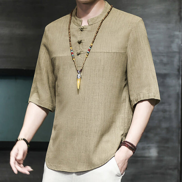 T-shirt décontracté à manches mi-longues en coton et lin pour homme, motif grenouille chinoise, style vintage, motif Buddha Stones