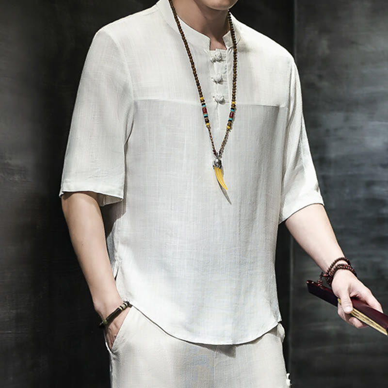 T-shirt décontracté à manches mi-longues en coton et lin pour homme, motif grenouille chinoise, style vintage, motif Buddha Stones - image 12