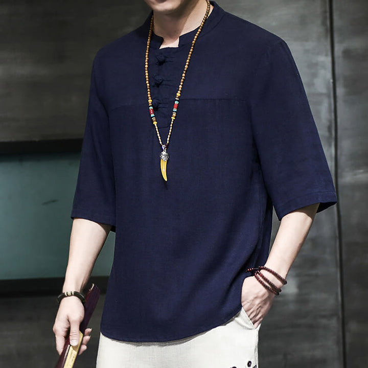 T-shirt décontracté à manches mi-longues en coton et lin pour homme, motif grenouille chinoise, style vintage, motif Buddha Stones - image 22