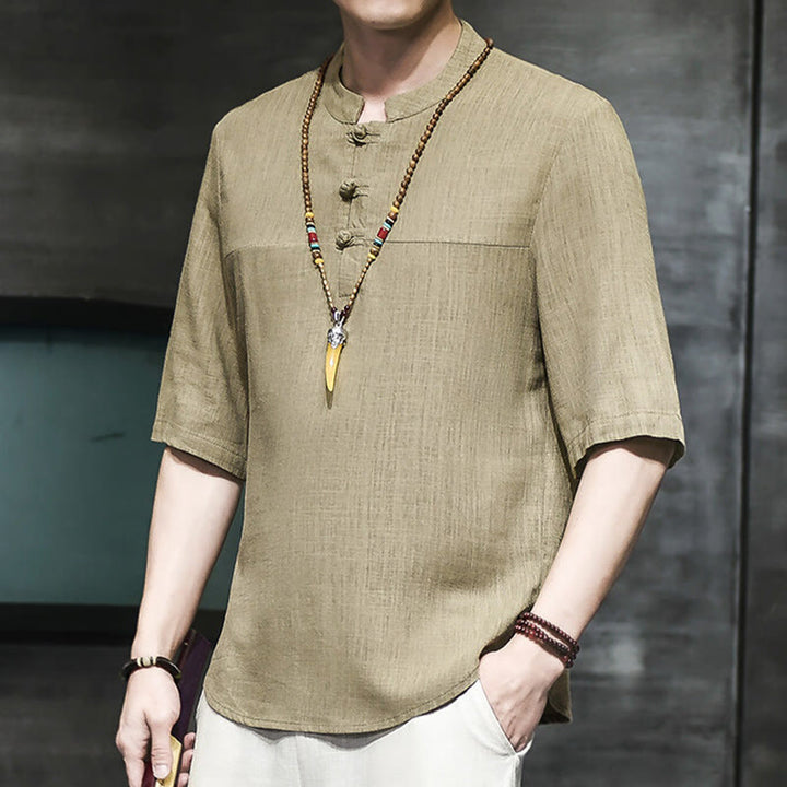 T-shirt décontracté à manches mi-longues en coton et lin pour homme, motif grenouille chinoise, style vintage, motif Buddha Stones - image 4