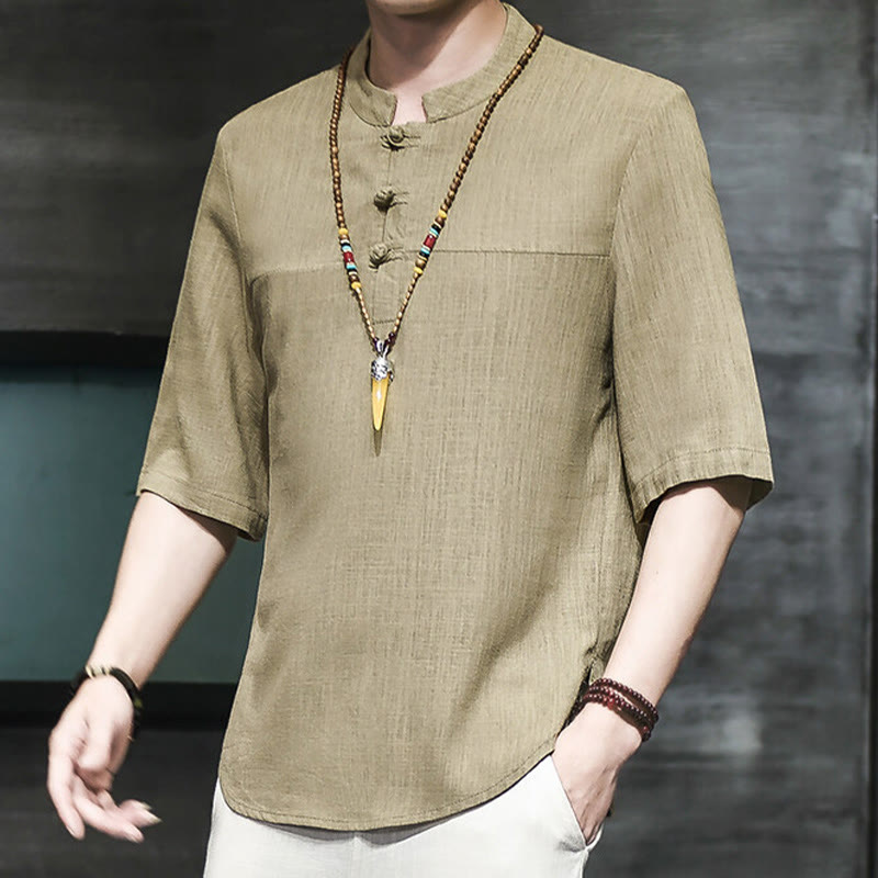 T-shirt décontracté à manches mi-longues en coton et lin pour homme, motif grenouille chinoise, style vintage, motif Buddha Stones - Kaki foncé - US/UK/AU46，EU56 (5XL) - image 0