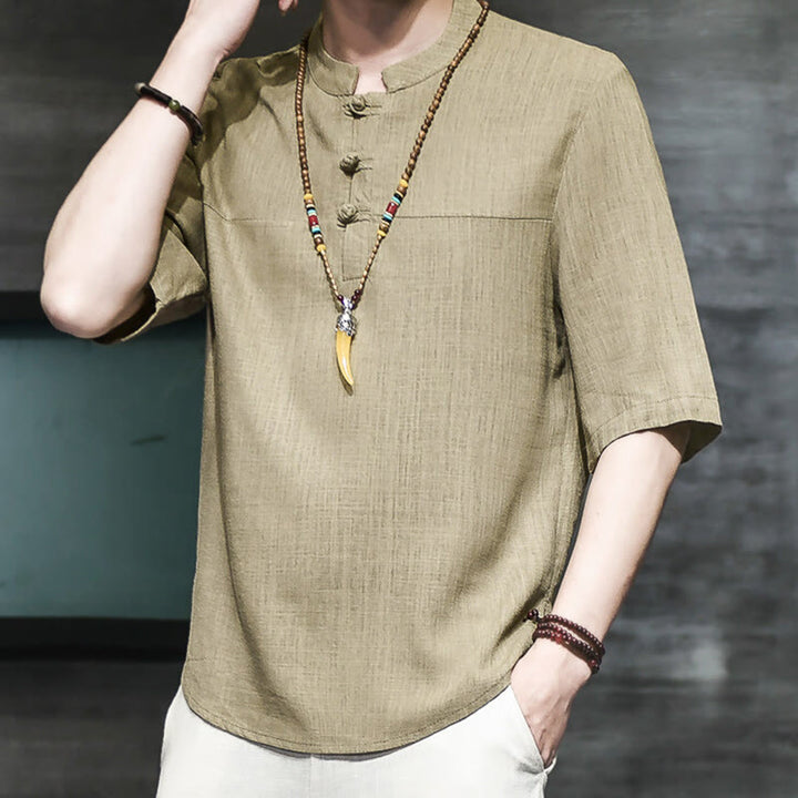 T-shirt décontracté à manches mi-longues en coton et lin pour homme, motif grenouille chinoise, style vintage, motif Buddha Stones