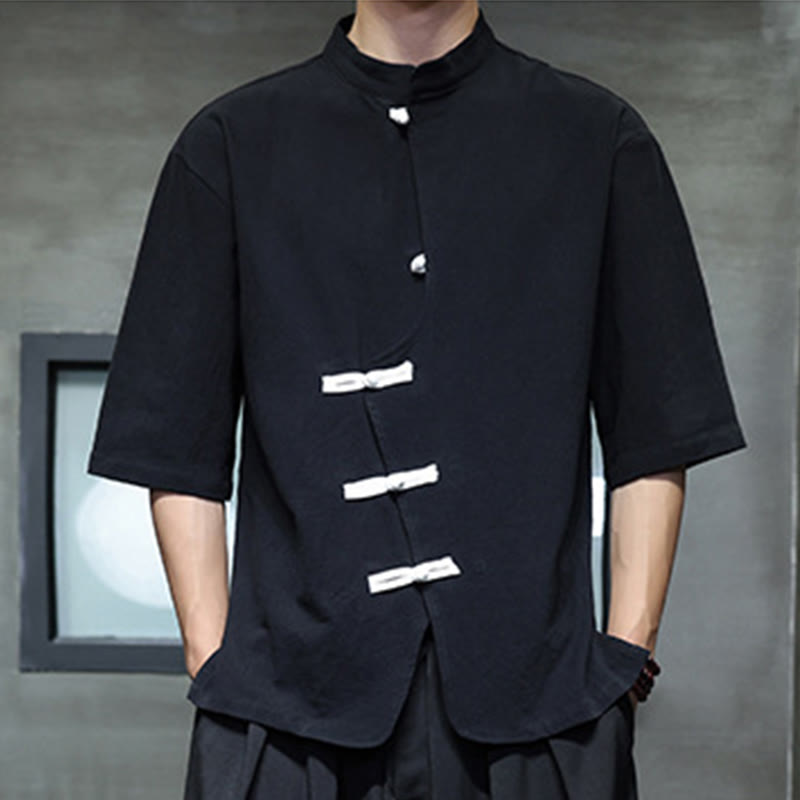 Chemise homme à manches mi-longues en coton et lin, motif Buddha Stones , col montant, boutons grenouille chinois - image 1