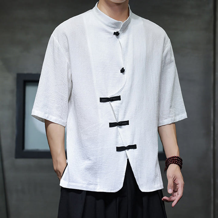 Chemise homme à manches mi-longues en coton et lin, motif Buddha Stones , col montant, boutons grenouille chinois - Blanc - US/UK/AU46，EU56 (5XL) - image 6