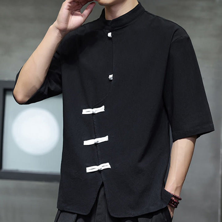 Chemise homme à manches mi-longues en coton et lin, motif Buddha Stones , col montant, boutons grenouille chinois - image 2