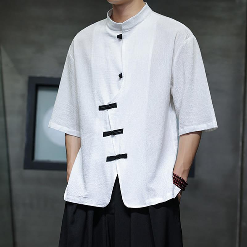 Chemise homme à manches mi-longues en coton et lin, motif Buddha Stones , col montant, boutons grenouille chinois - image 9