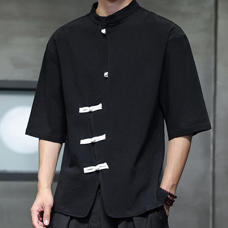 Chemise homme à manches mi-longues en coton et lin, motif Buddha Stones , col montant, boutons grenouille chinois - image 4