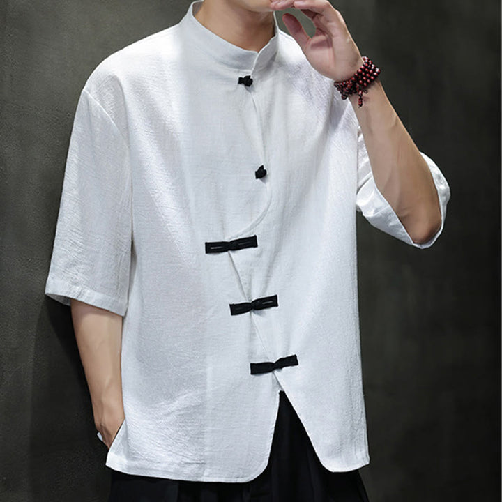 Chemise homme à manches mi-longues en coton et lin, motif Buddha Stones , col montant, boutons grenouille chinois - image 10