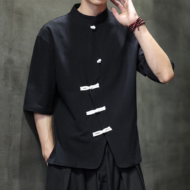 Chemise homme à manches mi-longues en coton et lin, motif Buddha Stones , col montant, boutons grenouille chinois - image 4