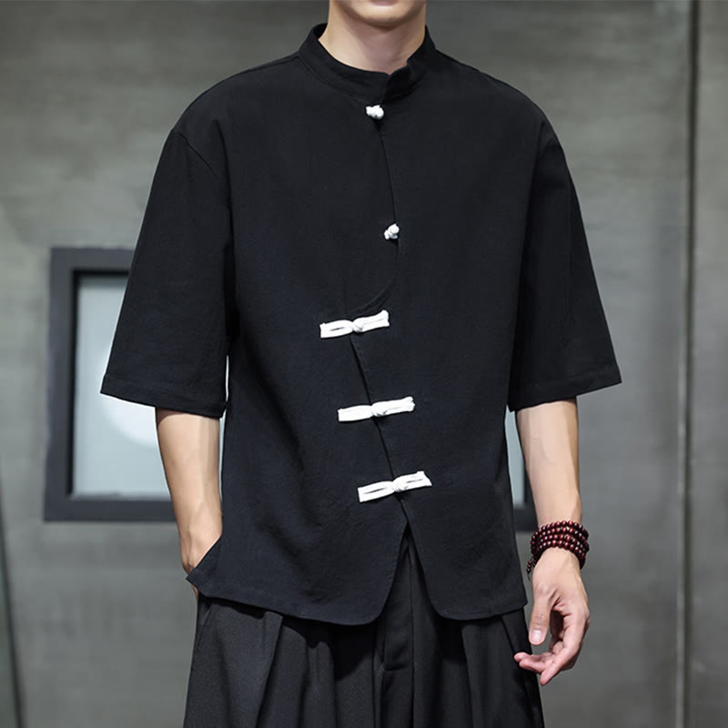 Chemise homme à manches mi-longues en coton et lin, motif Buddha Stones , col montant, boutons grenouille chinois - image 5