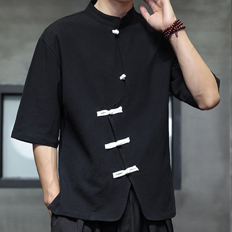 Chemise homme à manches mi-longues en coton et lin, motif Buddha Stones , col montant, boutons grenouille chinois - Noir - US/UK/AU46，EU56 (5XL) - image 1